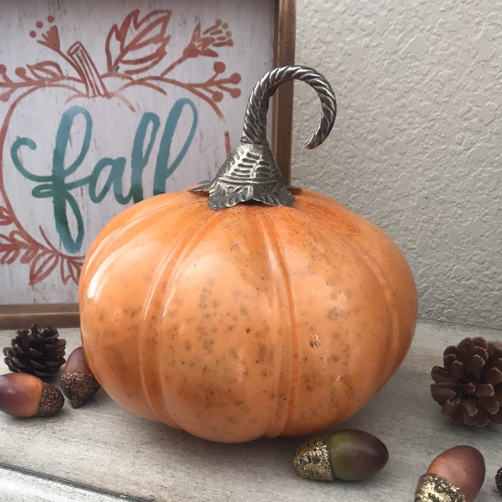 New Gorgeous Fall Harvest Orange glass pumpkin with silver scroll stem